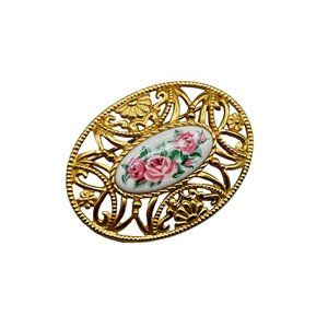 Vintage Avon Floral Cameo Style Pin Brooch Gold Tone Setting Romantic Delicate